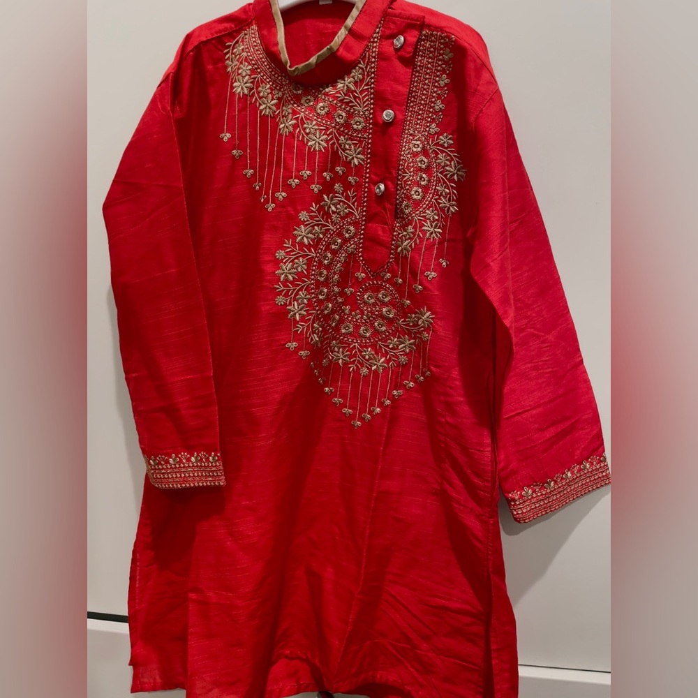 Elegant Red Kids Kurta with Gold Embroidery